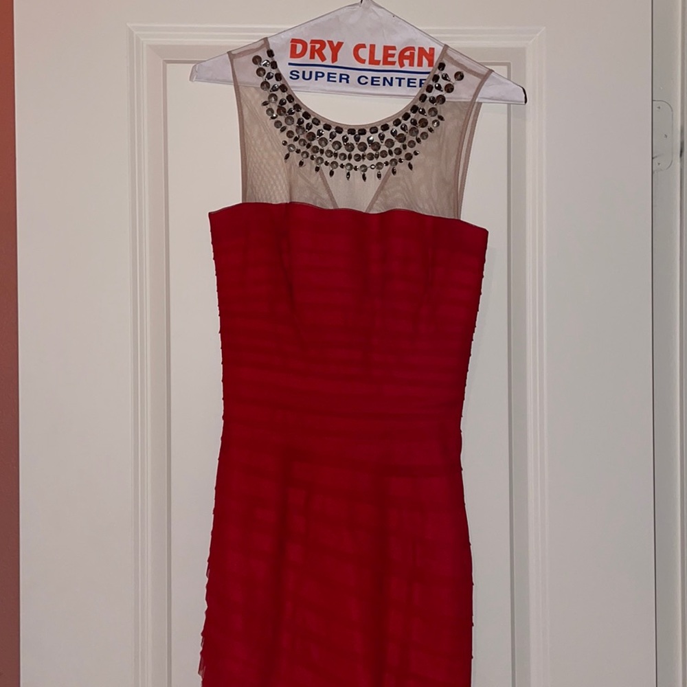 BCBG Maxazria red ruched dress with jewel design